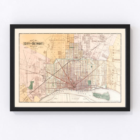 vintage map of Detroit, Michigan, 1893