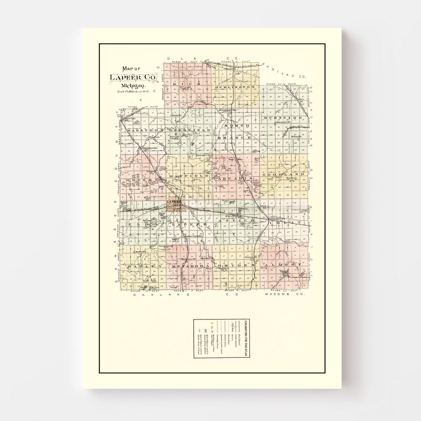 Vintage Map of Lapeer County, Michigan, 1893