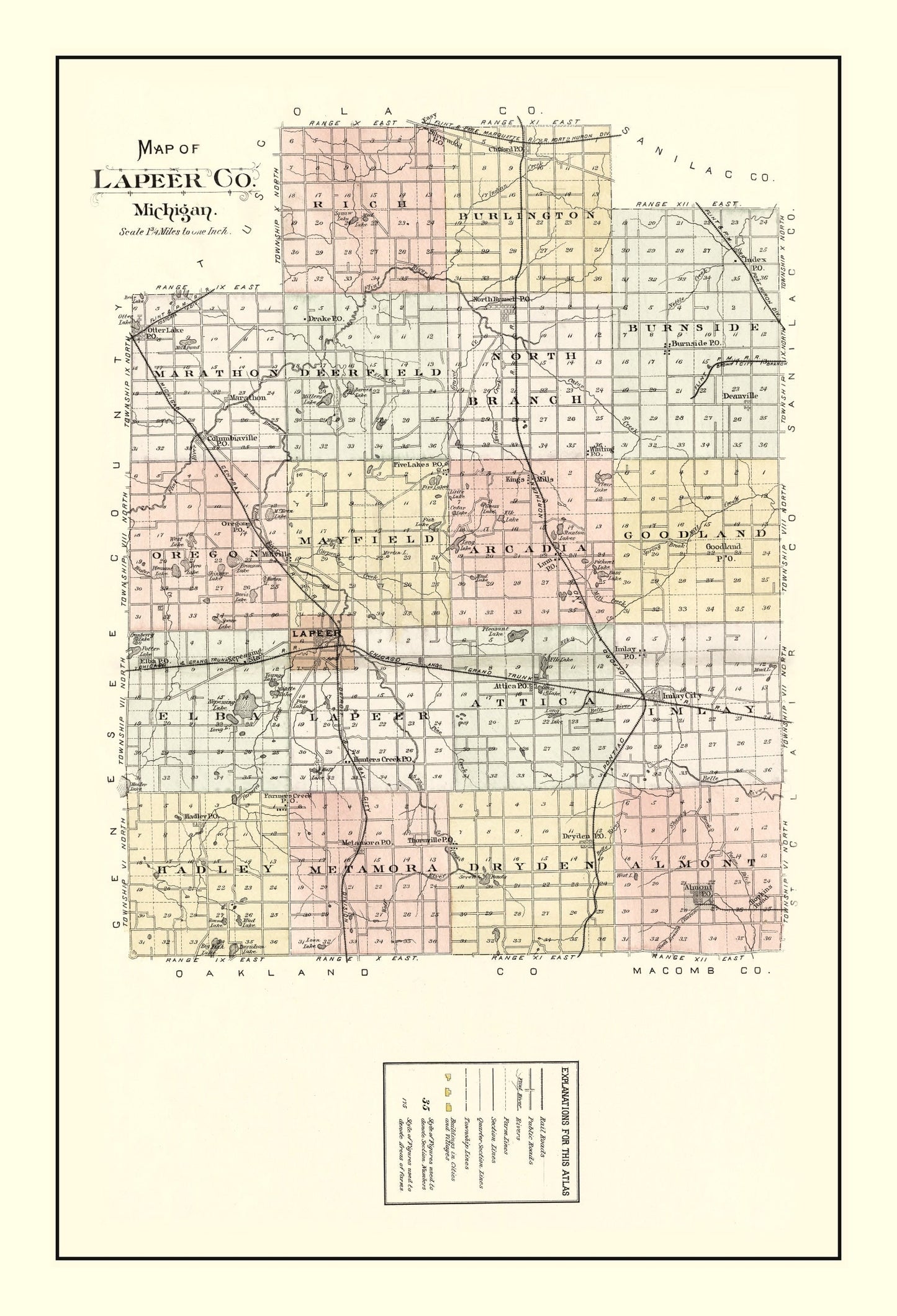 Vintage Map of Lapeer County, Michigan, 1893