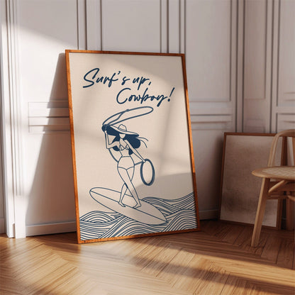 Cowgirl Surfing Western Coastal Wall Art Print