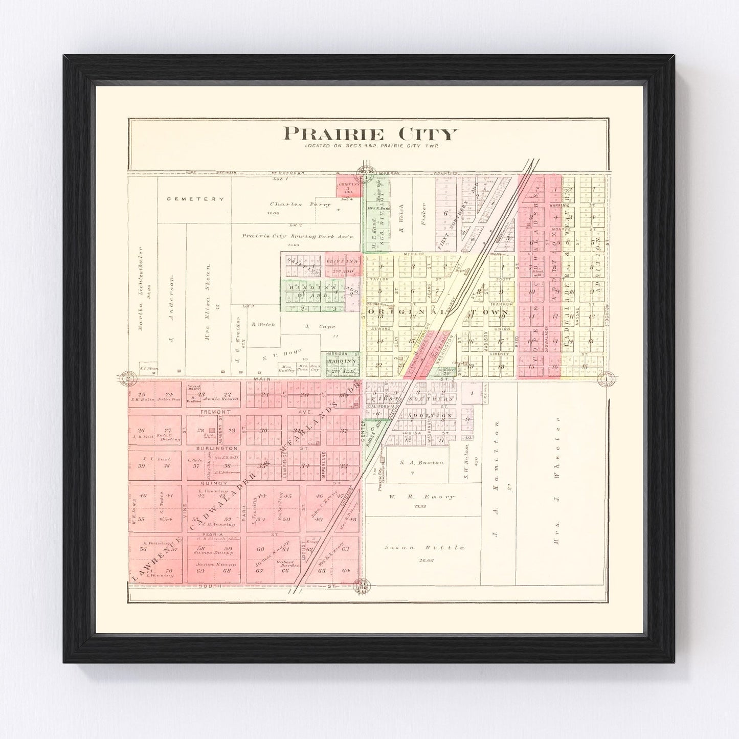 Vintage map of Prairie City, Illinois, 1893
