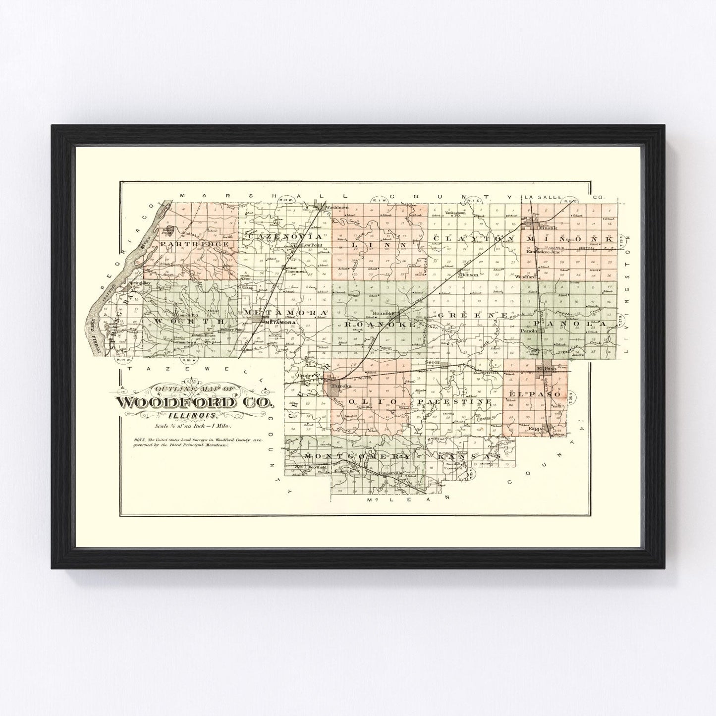 Vintage map of Woodford County, Illinois, 1893, with Eureka and Metamora, restored print