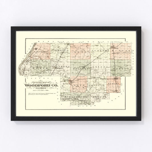 Vintage map of Woodford County, Illinois, 1893, with Eureka and Metamora, restored print