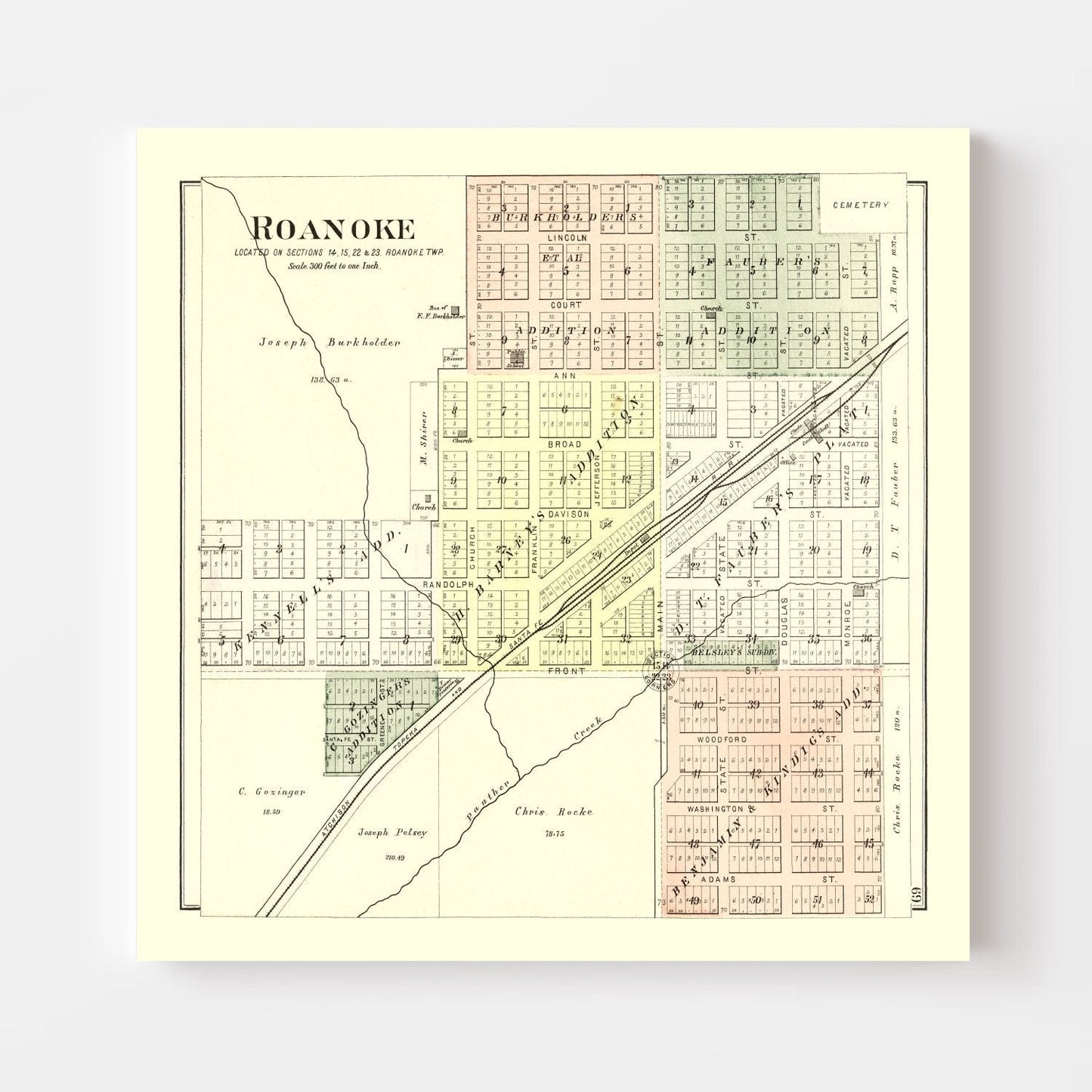 Vintage Map of Roanoke, Illinois, 1893