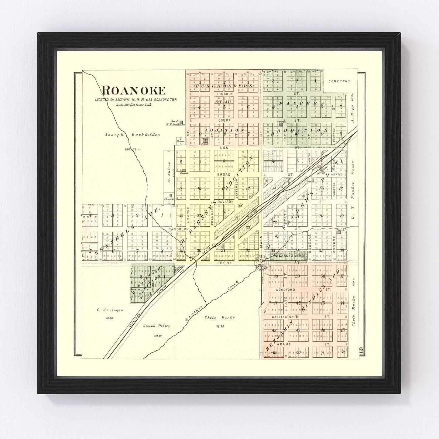 Vintage map of Roanoke, Illinois, 1893
