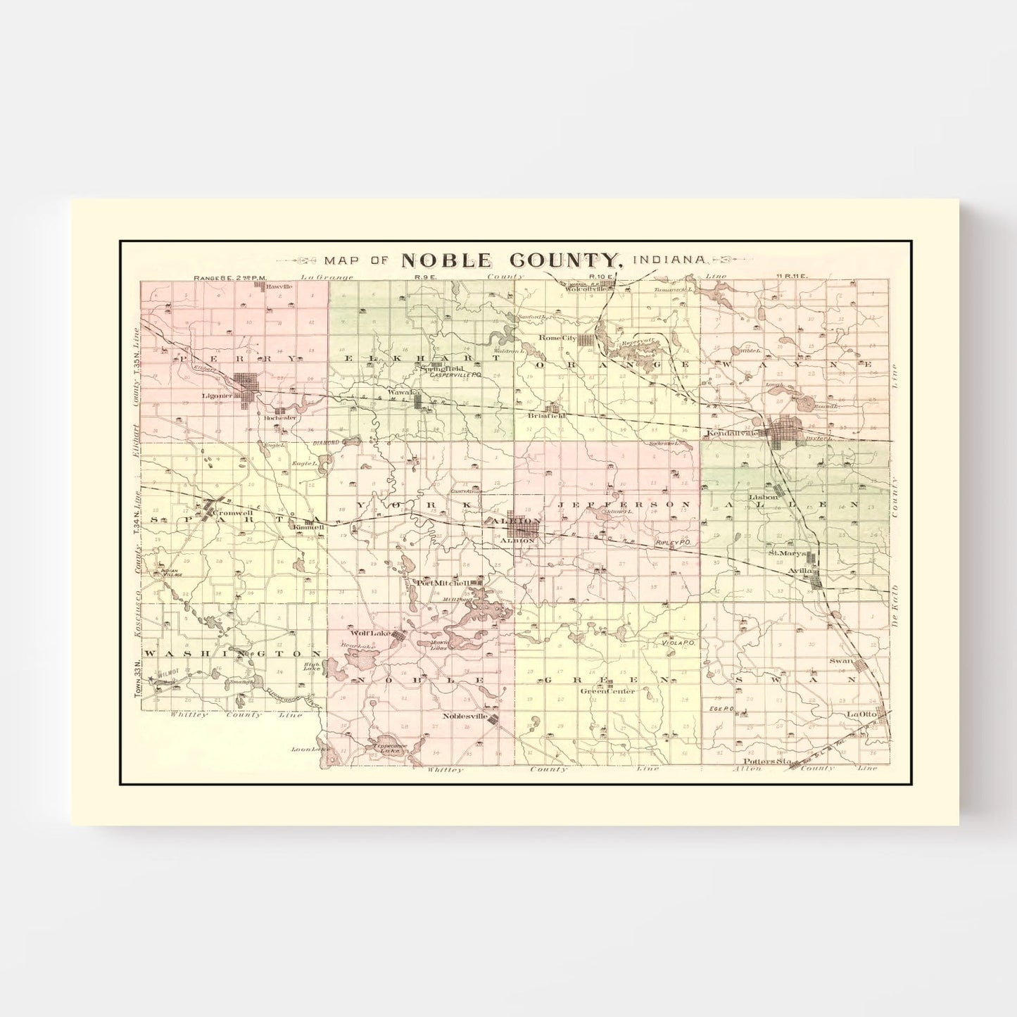 Vintage Map of Noble County, Indiana, 1893