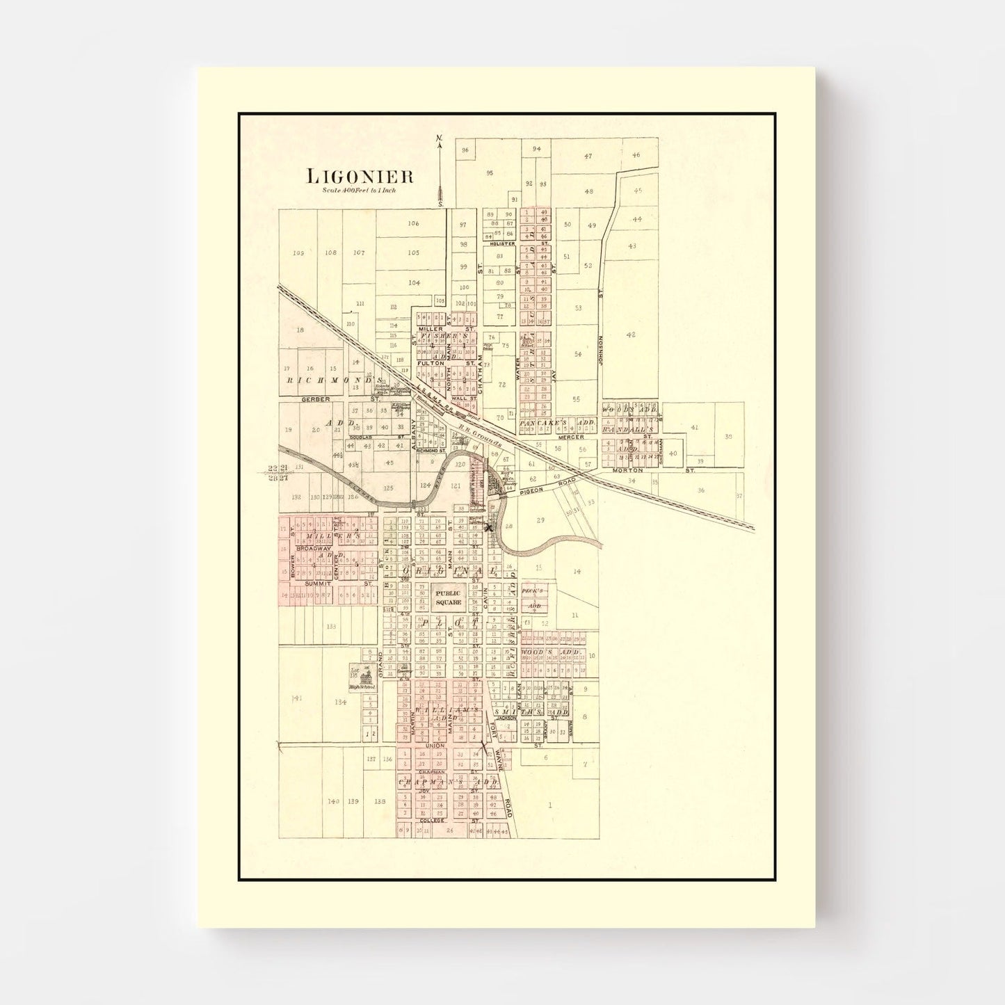 Vintage Map of Ligonier, Indiana, 1893