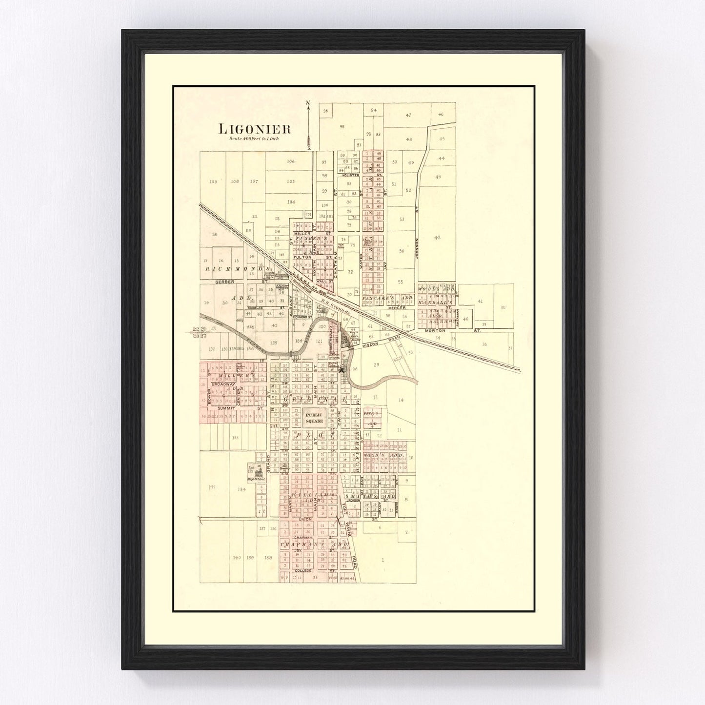 Vintage map of Ligonier, Indiana, 1893