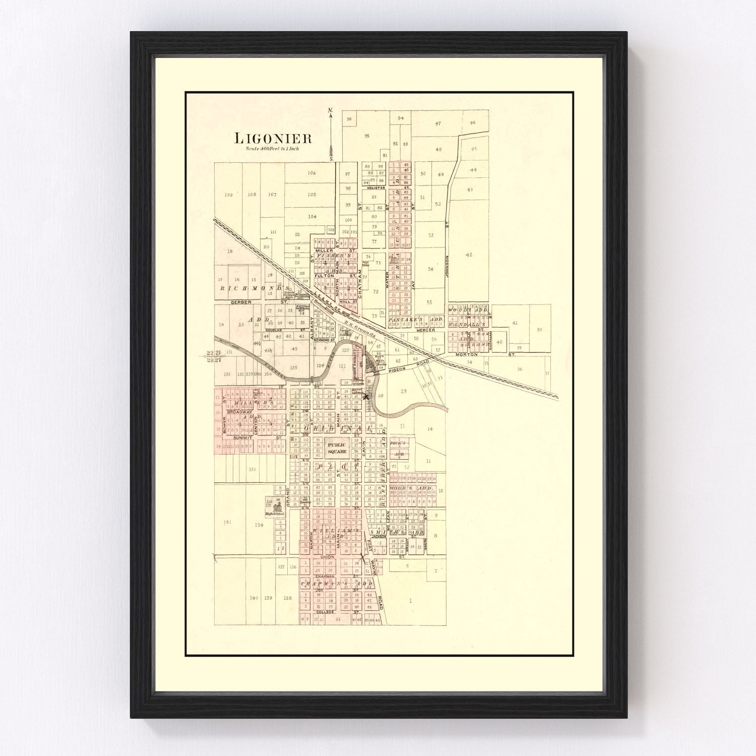 Vintage map of Ligonier, Indiana, 1893