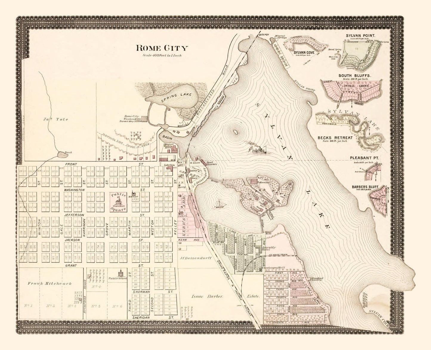 Vintage Map of Rome City, Indiana, 1893