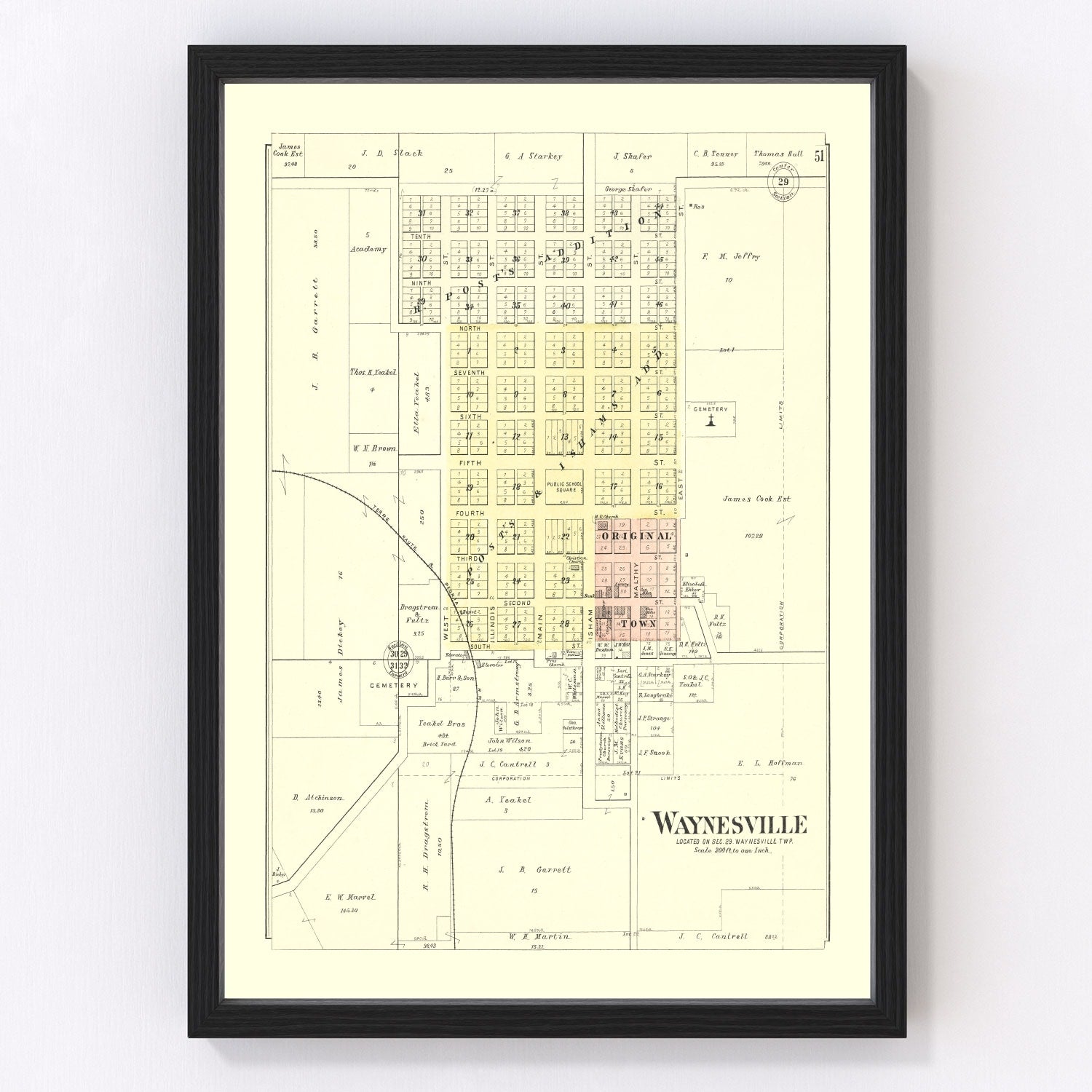 Vintage map of Waynesville, Illinois 1894, De Witt County village restored print