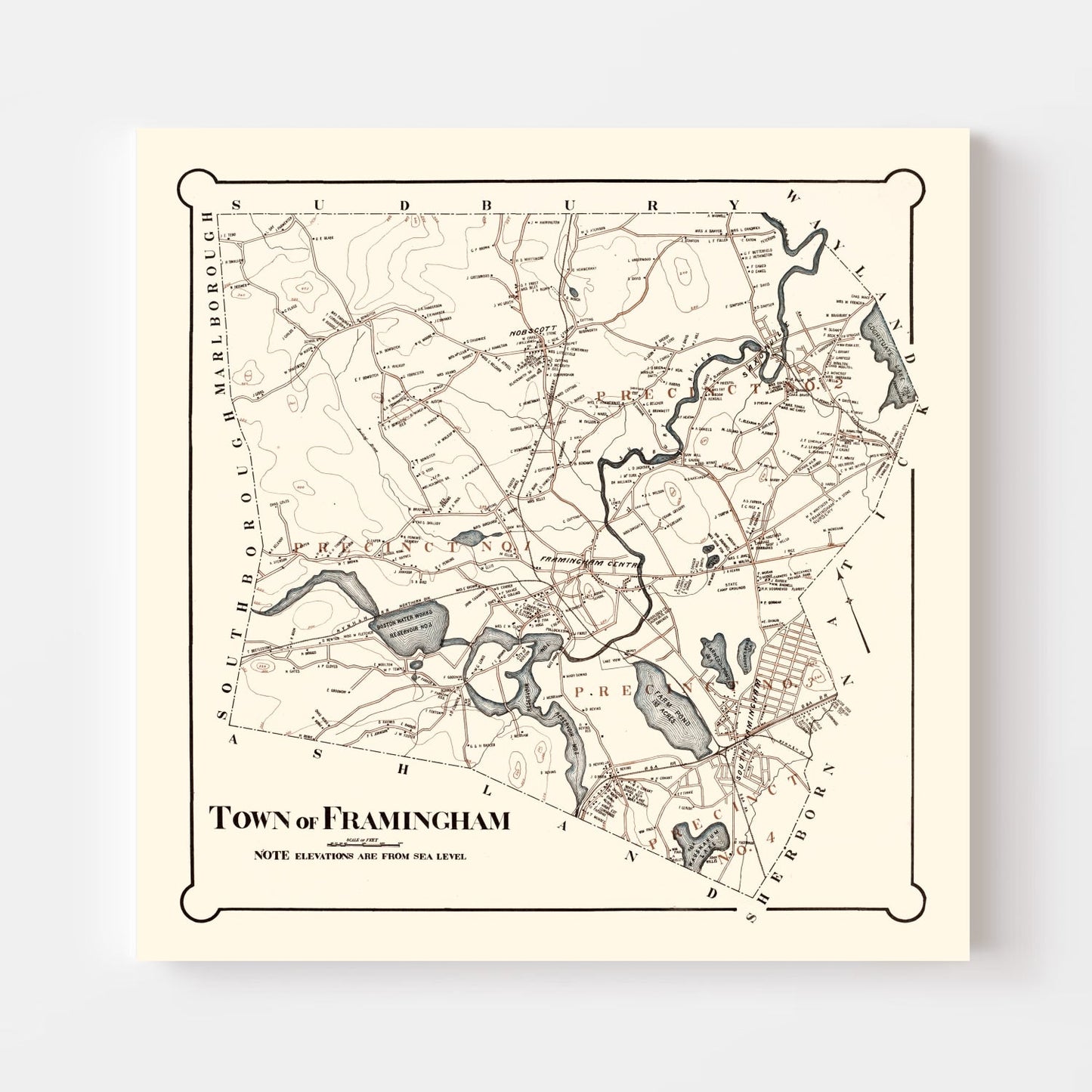 Vintage Map of Framingham, Massachusetts, 1895