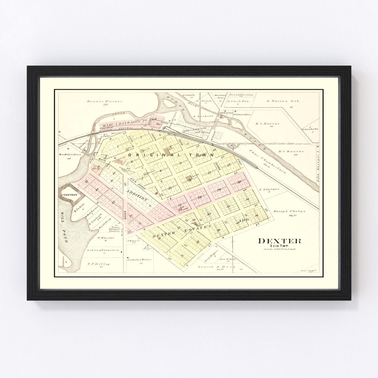Vintage restored map of Dexter, Michigan, 1895, Washtenaw County village cartography