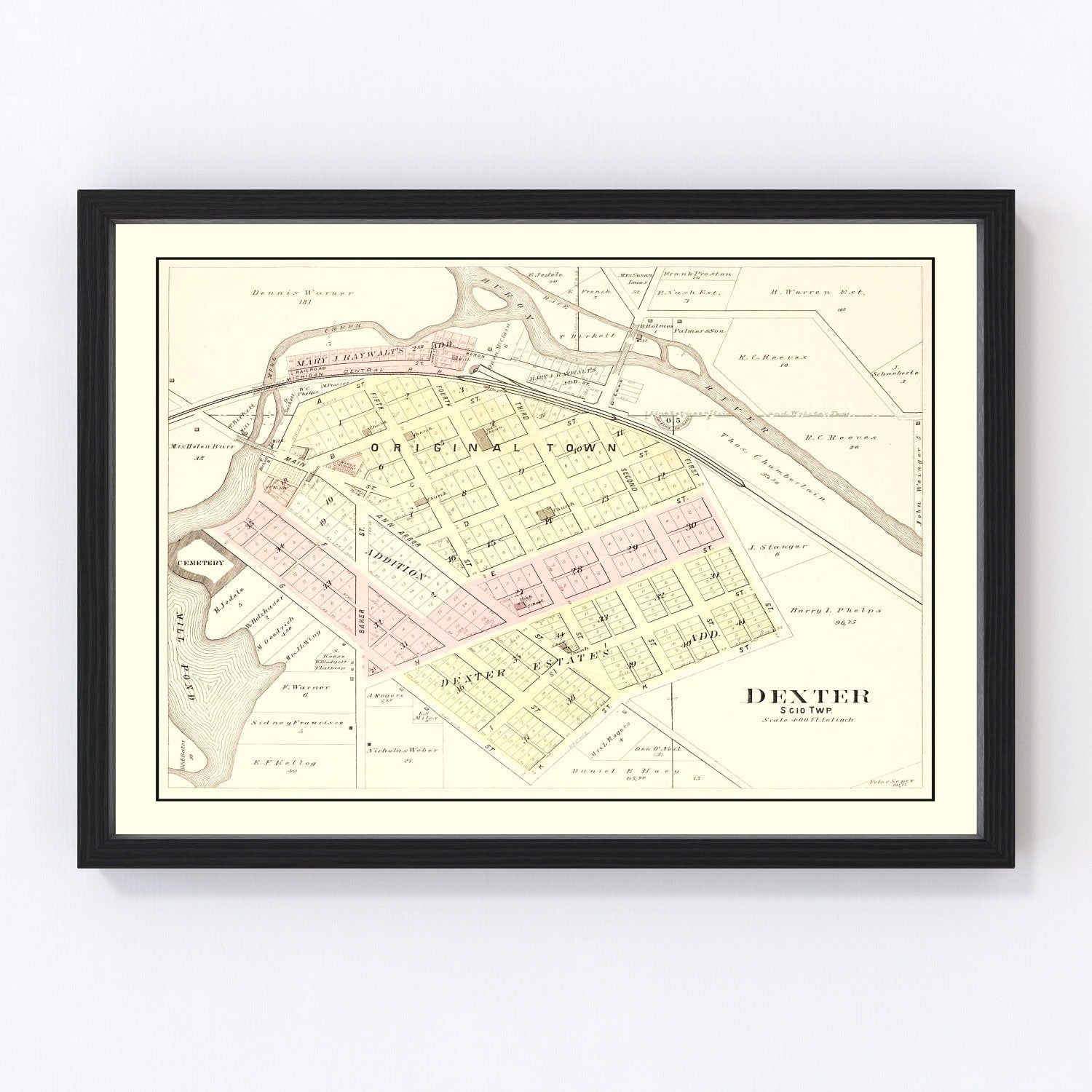 Vintage restored map of Dexter, Michigan, 1895, Washtenaw County village cartography
