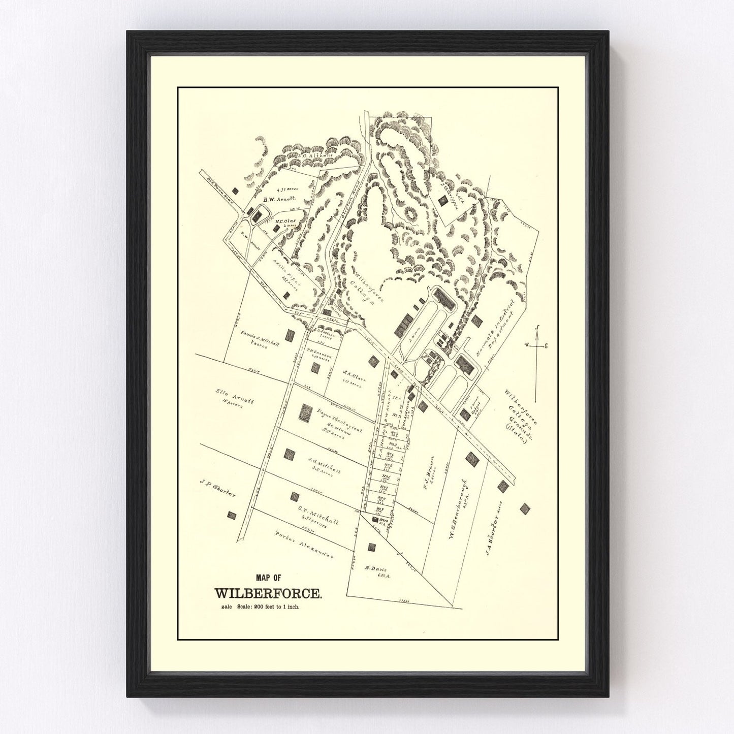 Vintage map of Wilberforce, Ohio, 1896, Greene County college town farmland
