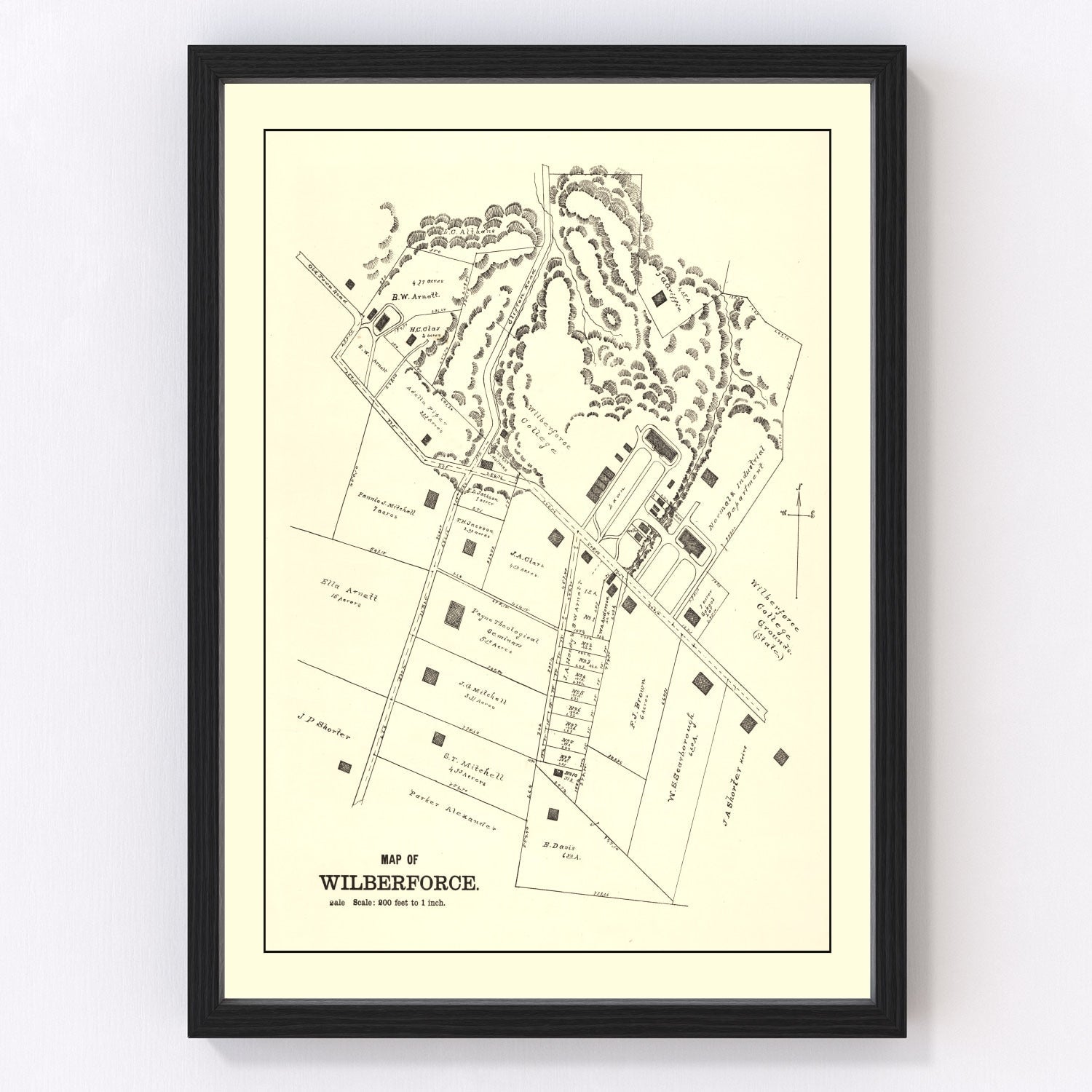 Vintage map of Wilberforce, Ohio, 1896, Greene County college town farmland