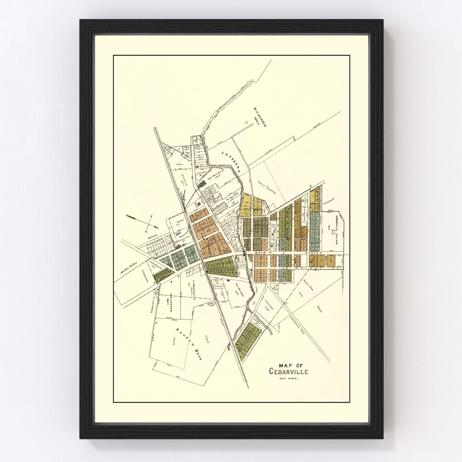 Vintage map of Cedarville, Ohio, 1896, restored vintage wall art print