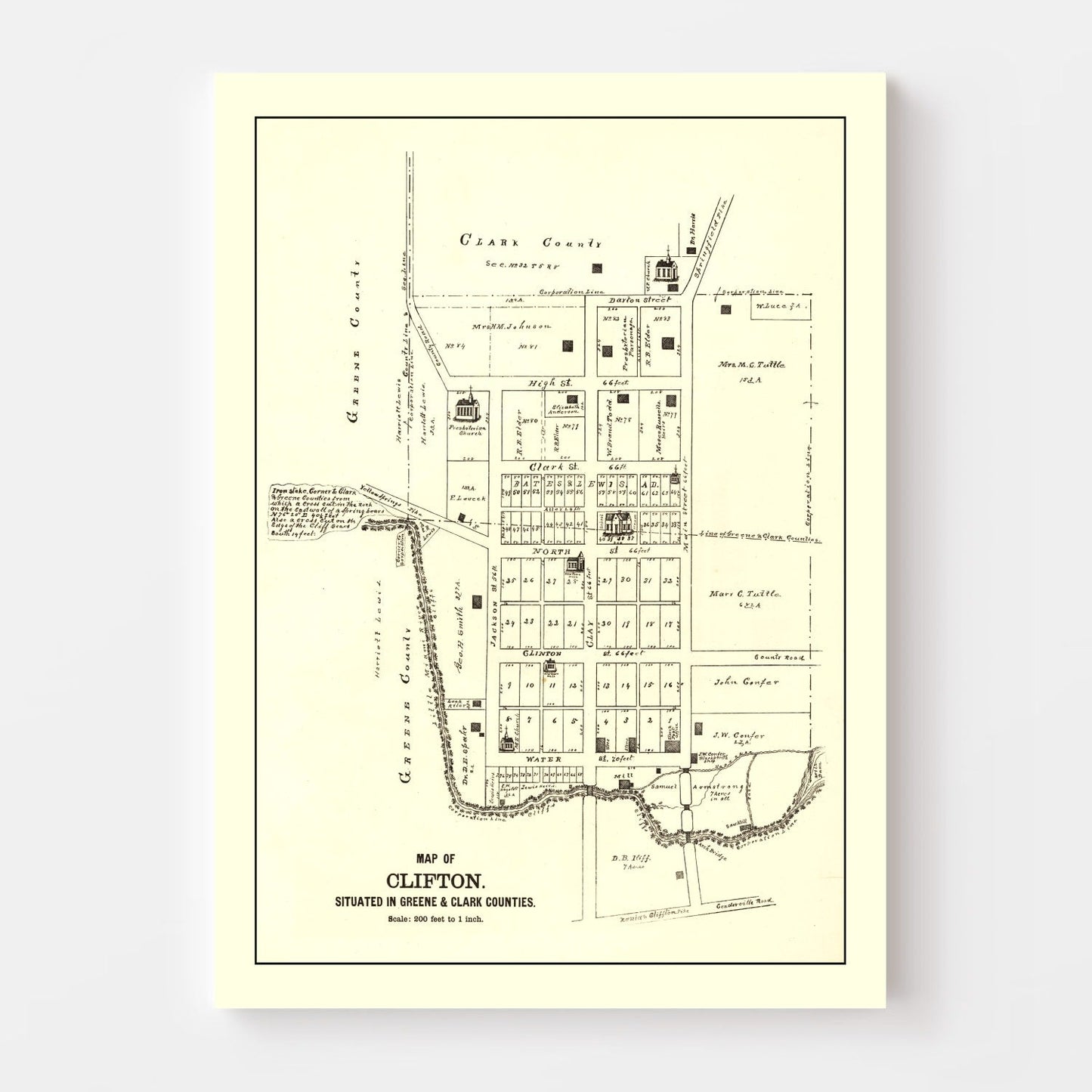 Vintage Map of Clifton, Ohio, 1896