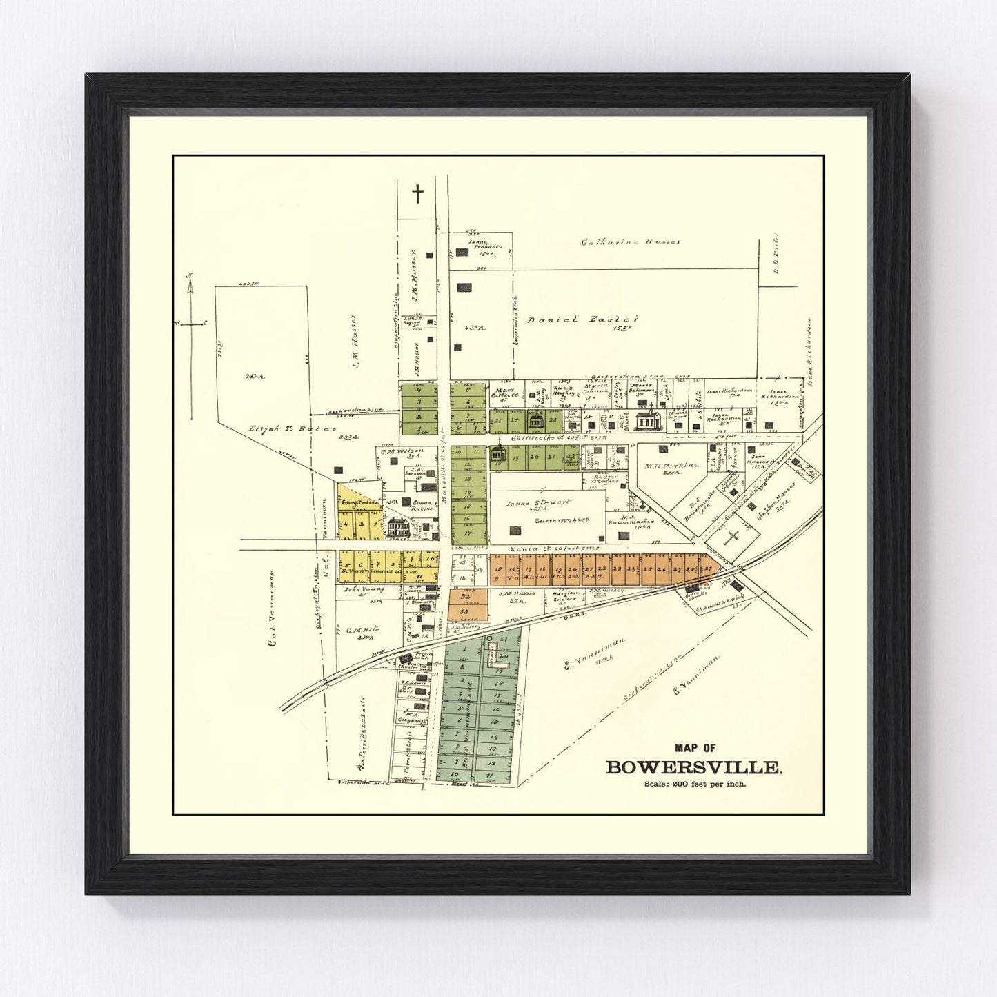 vintage map of Bowersville Ohio 1896, restored print wall art