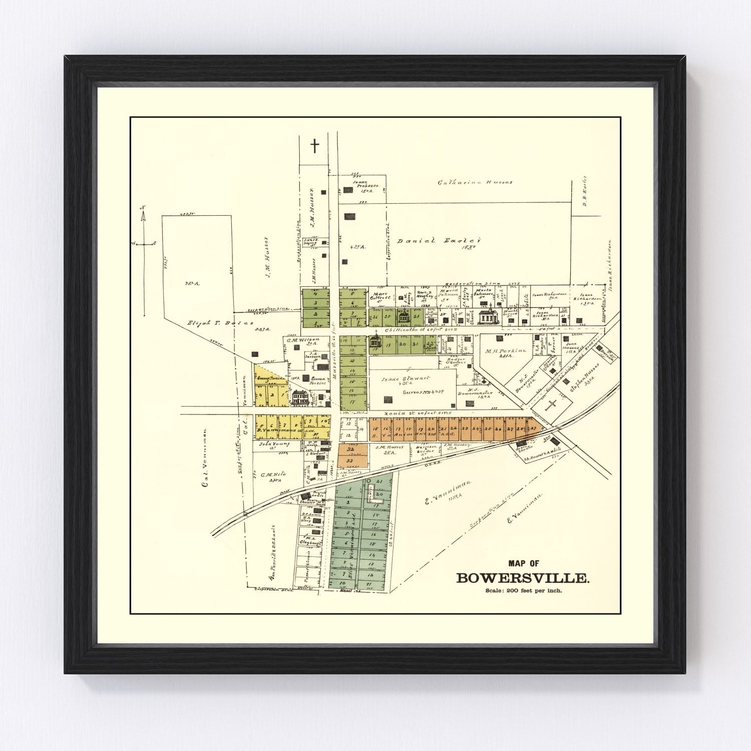 vintage map of Bowersville Ohio 1896, restored print wall art