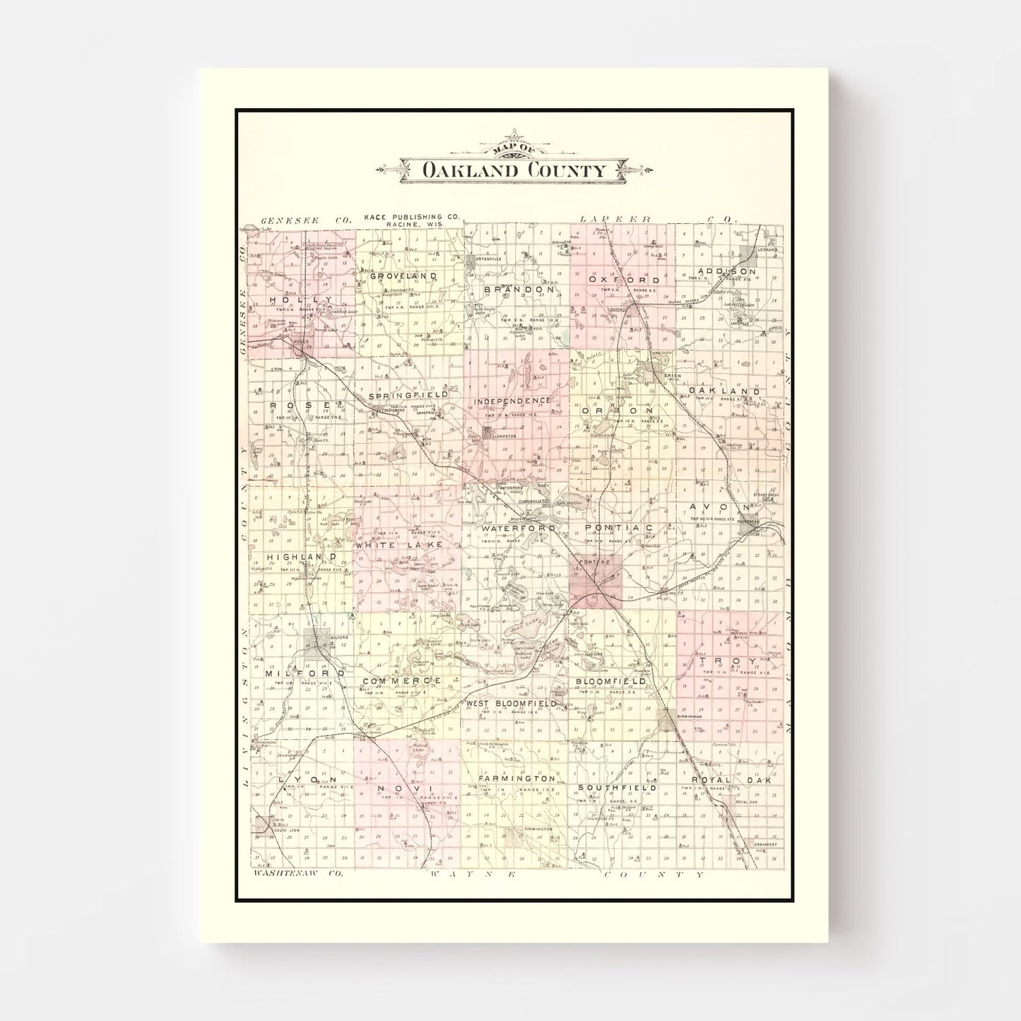 Vintage Map of Oakland County, Michigan, 1896