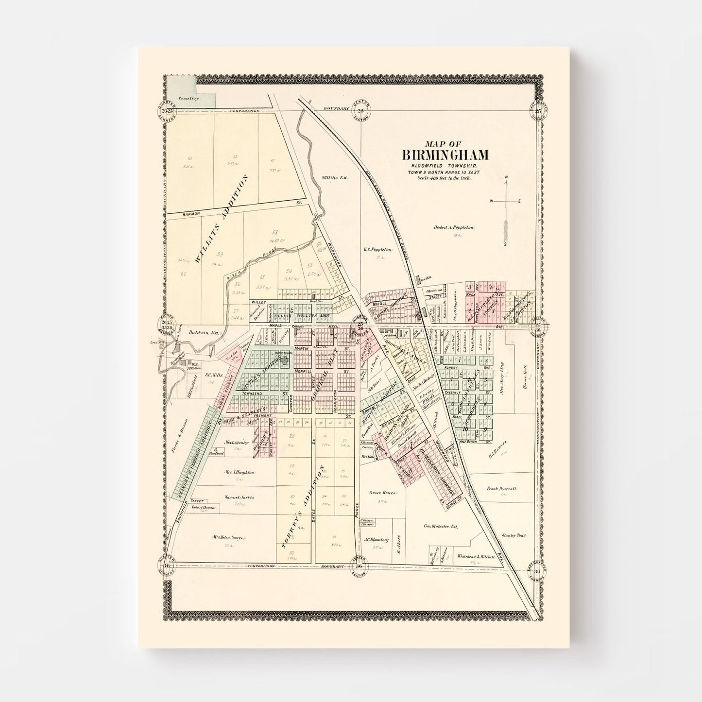 Vintage Map of Birmingham, Michigan, 1896