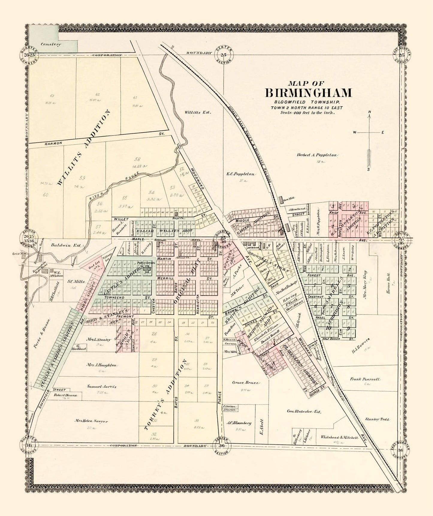 Vintage Map of Birmingham, Michigan, 1896