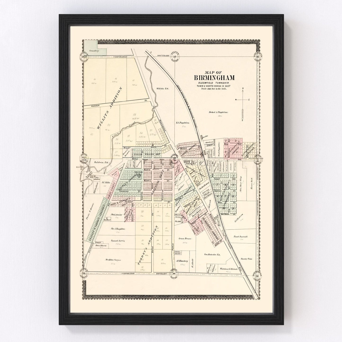 Vintage map of Birmingham, Michigan, 1896