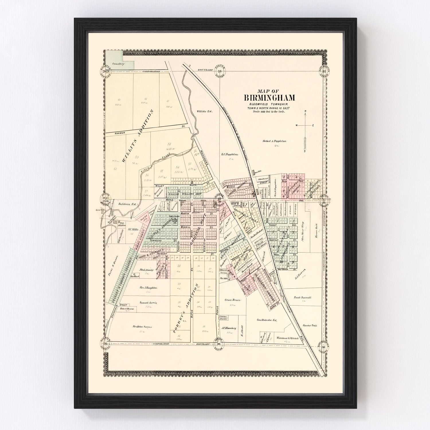 Vintage map of Birmingham, Michigan, 1896