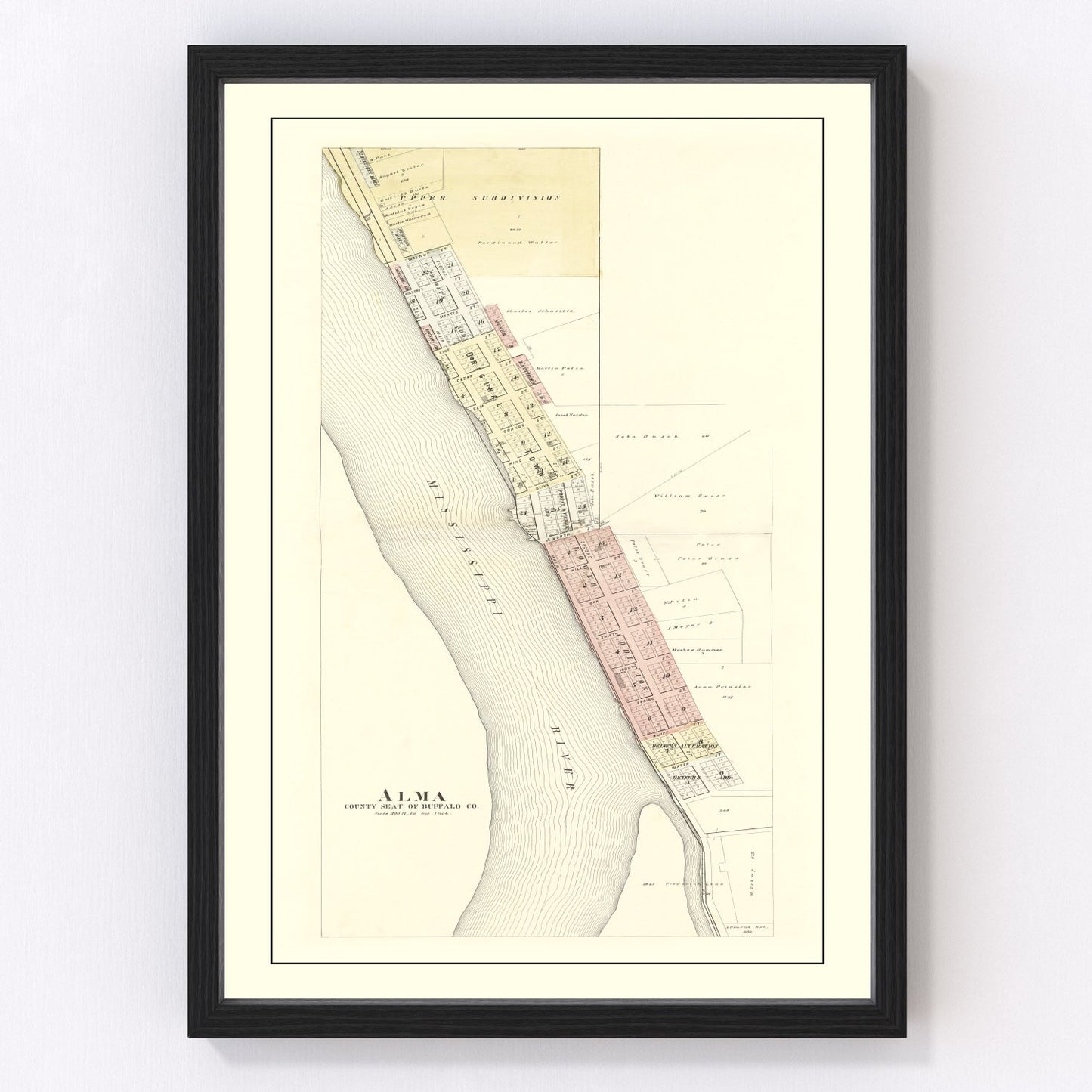 Vintage map of Alma, Wisconsin, 1896 - Buffalo County Mississippi River town survey