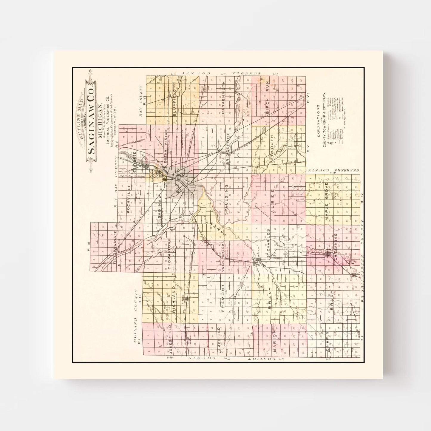 Vintage Map of Saginaw County, Michigan, 1896