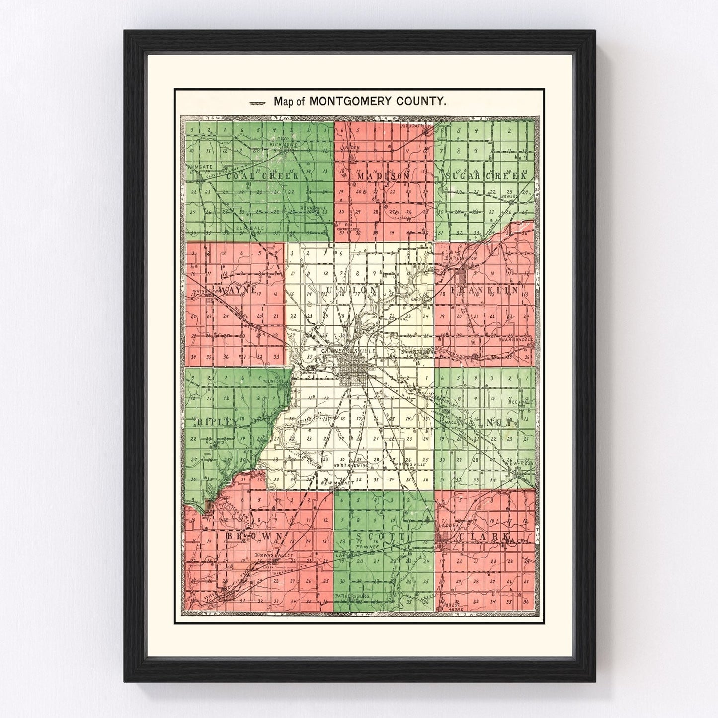 Vintage map of Montgomery County, Indiana, 1898