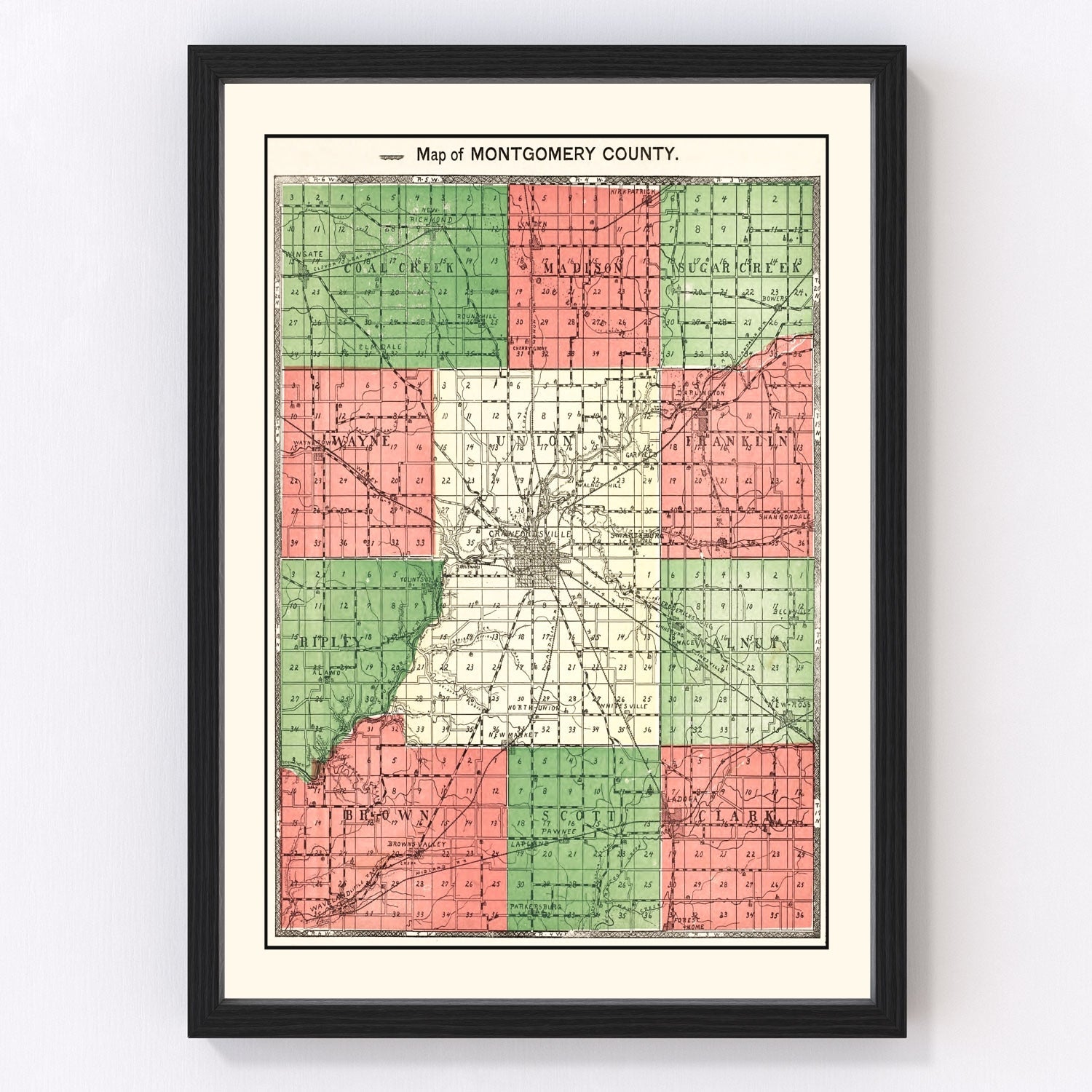 Vintage map of Montgomery County, Indiana, 1898