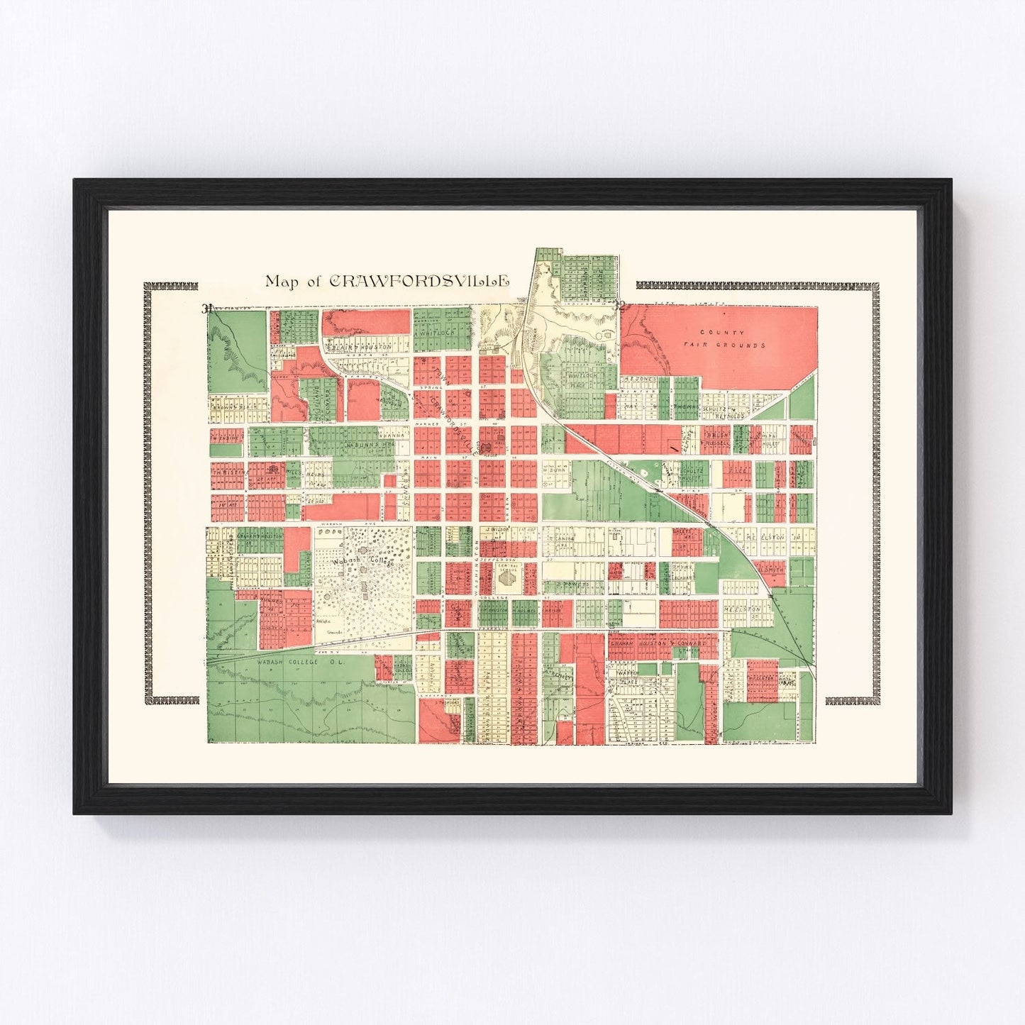 Vintage restored map of Crawfordsville, Indiana, 1898, Victorian-era Montgomery County