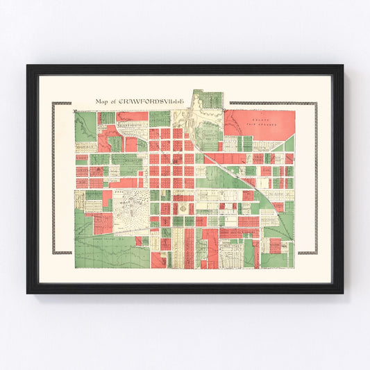 Vintage restored map of Crawfordsville, Indiana, 1898, Victorian-era Montgomery County