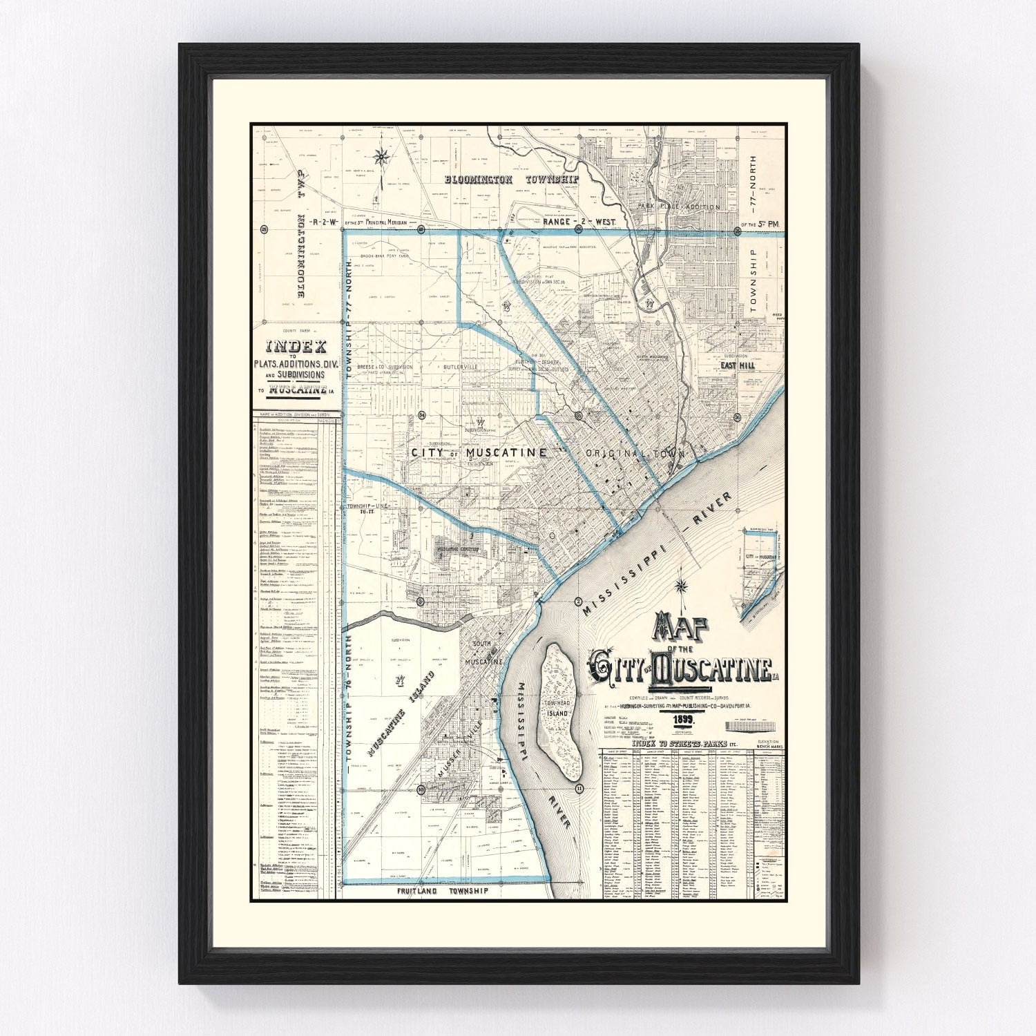 vintage map of Muscatine, Iowa, 1899