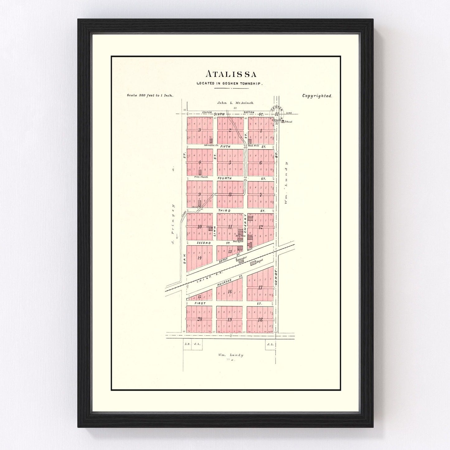 vintage map of Atalissa, Iowa, 1899, Muscatine County