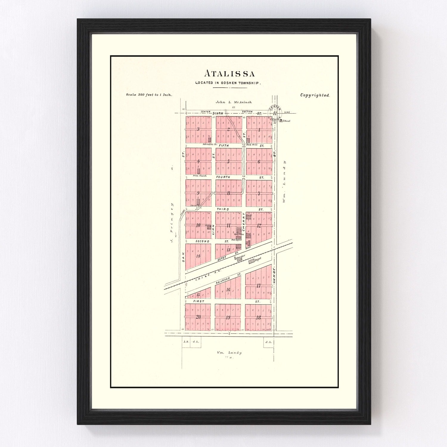 vintage map of Atalissa, Iowa, 1899, Muscatine County
