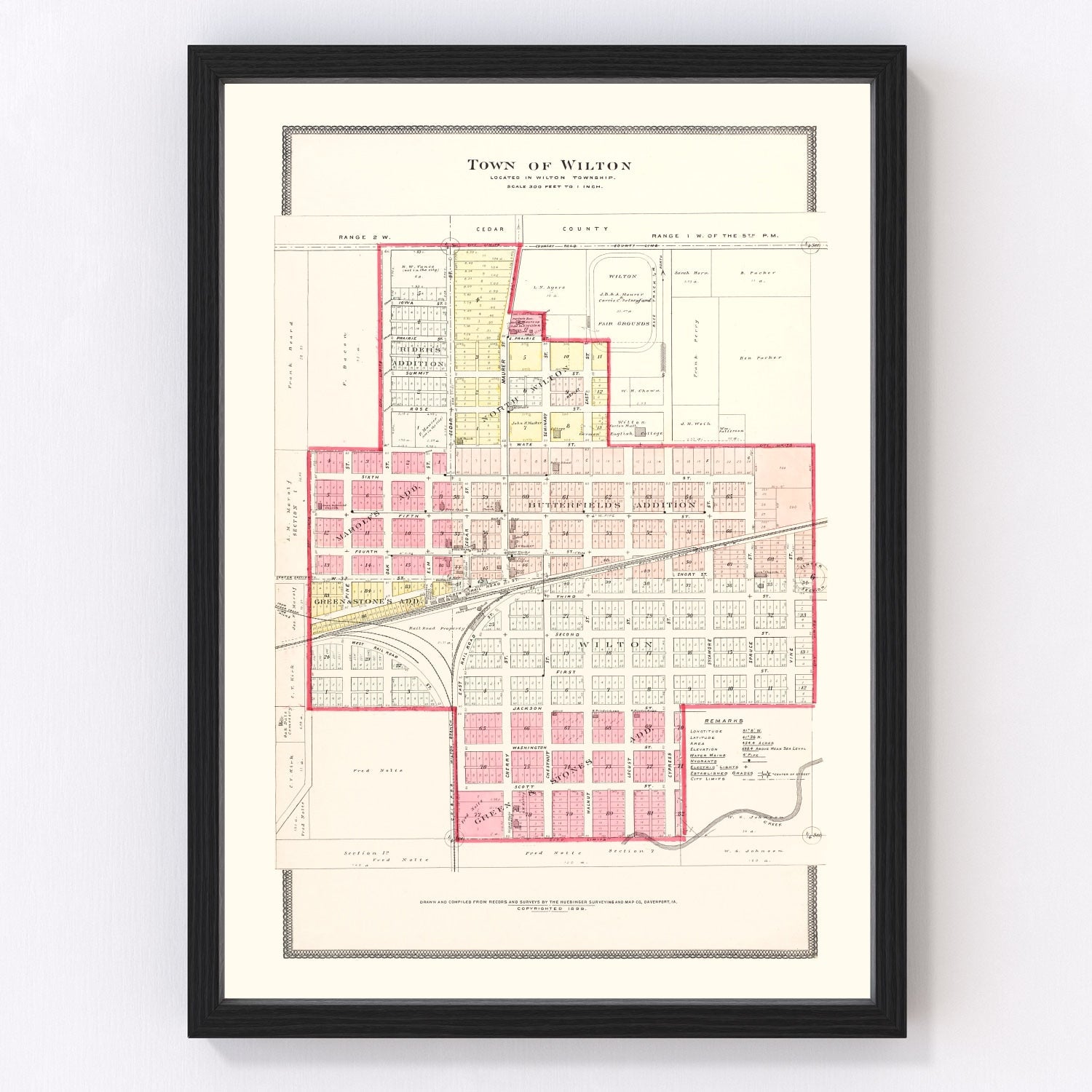 Vintage map of Wilton, Iowa, 1899, Muscatine County restored