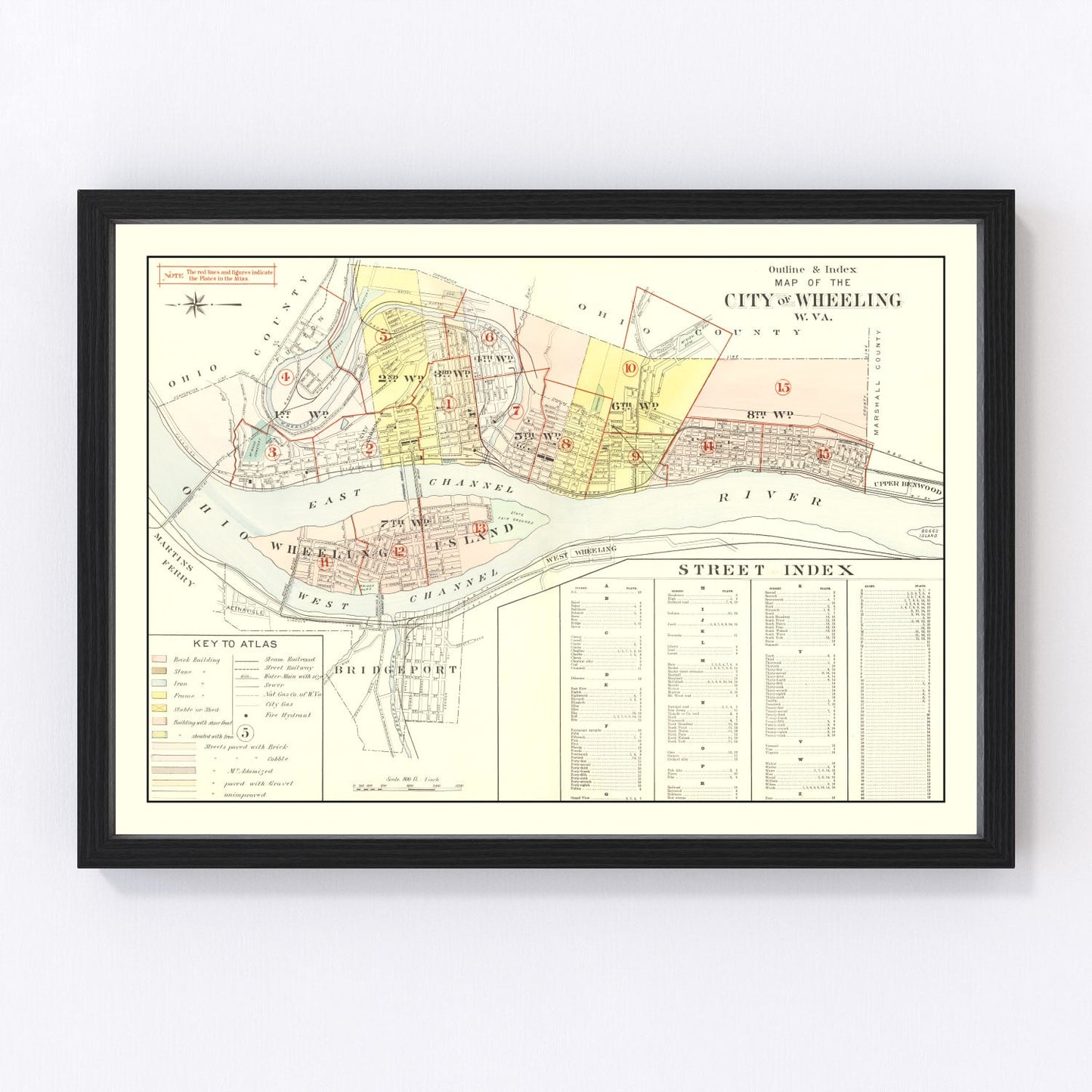 Vintage map of Wheeling, West Virginia, 1901 - Ohio River restored print