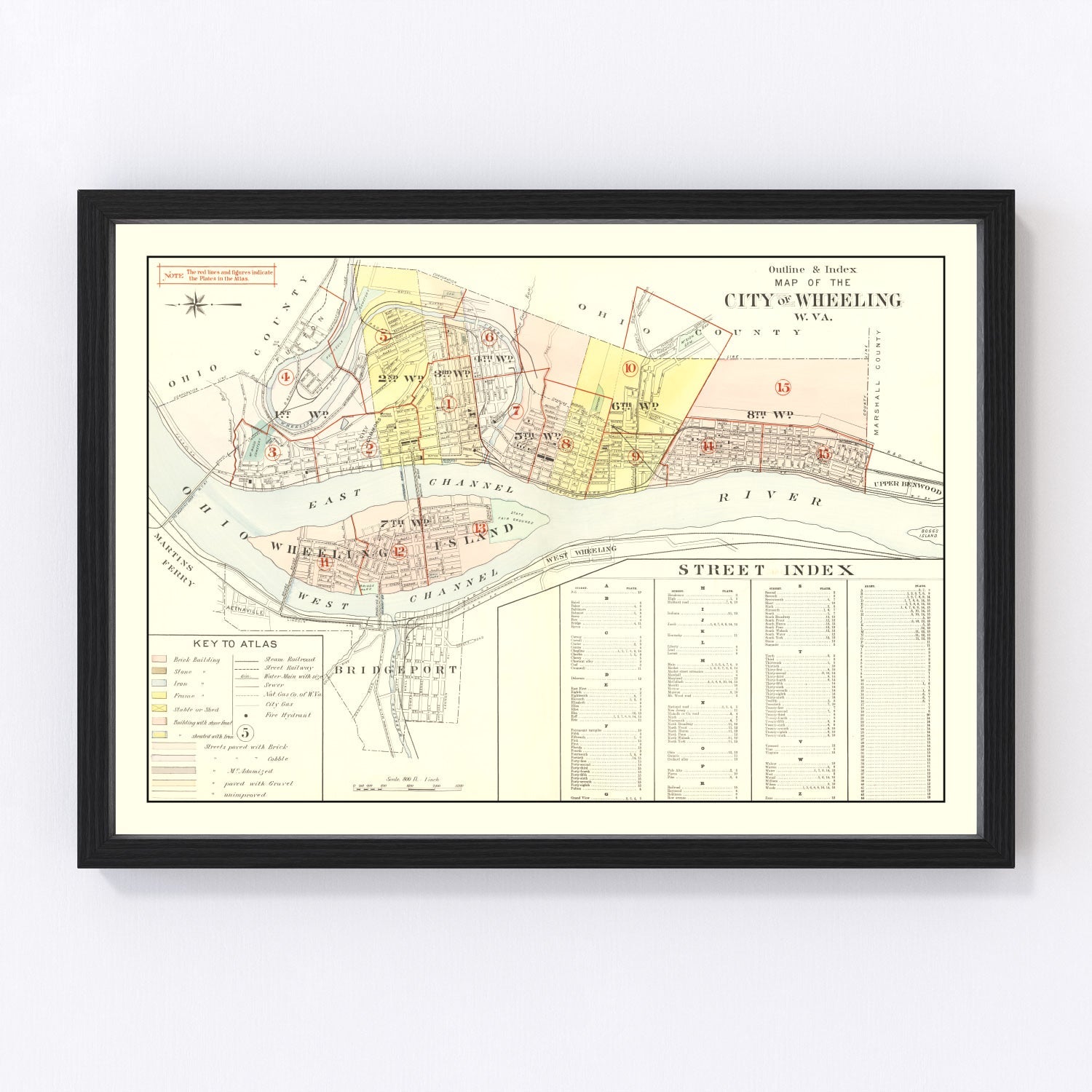 Vintage map of Wheeling, West Virginia, 1901 - Ohio River restored print