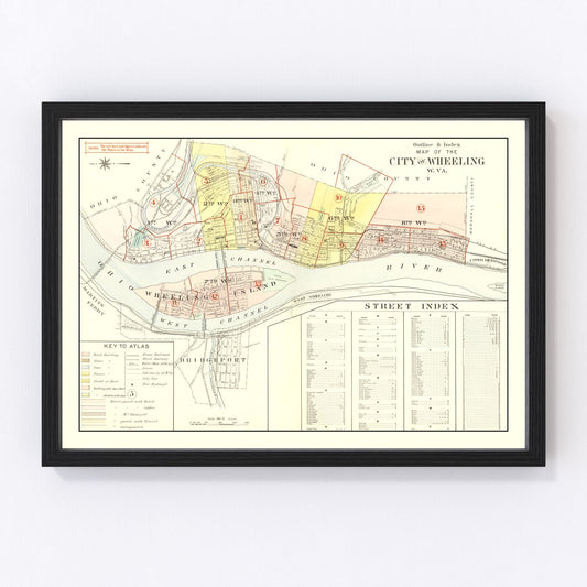 Vintage map of Wheeling, West Virginia, 1901 - Ohio River restored print