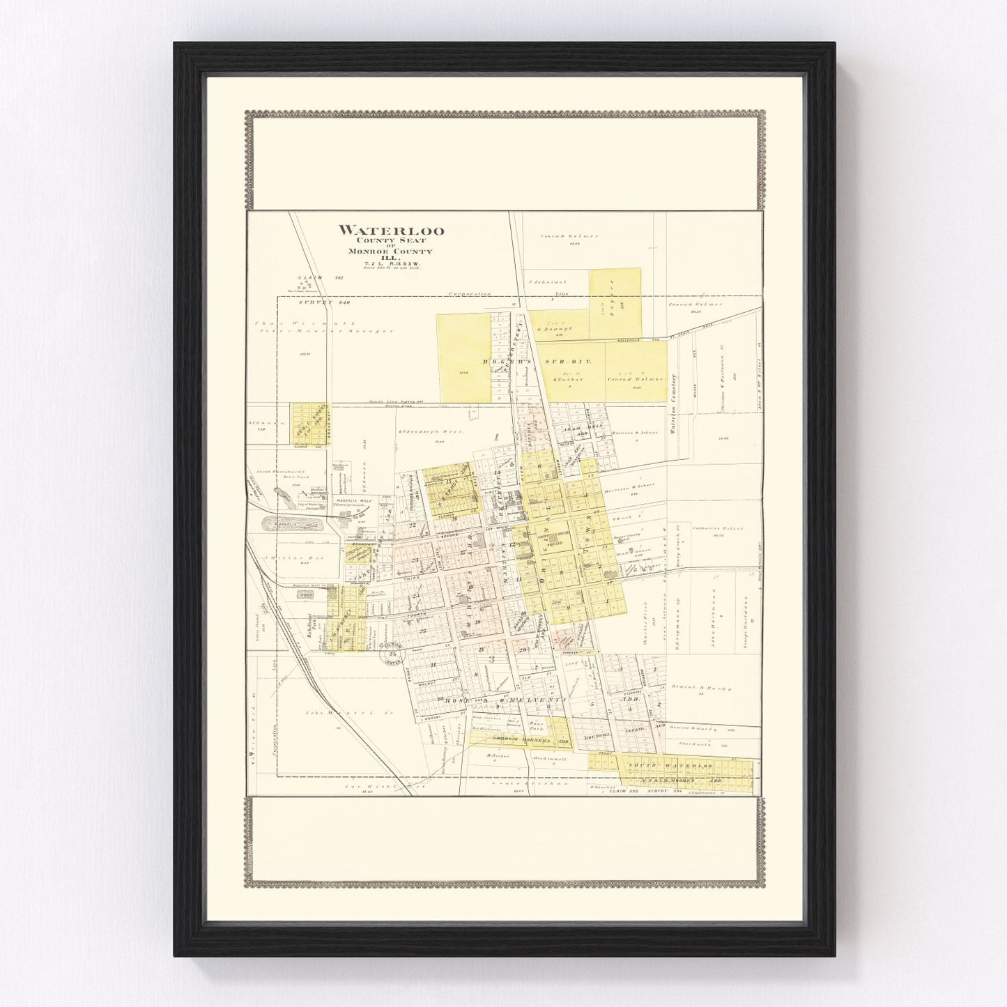 Vintage map of Waterloo, Illinois, 1901 - Monroe County Mississippi River restored print