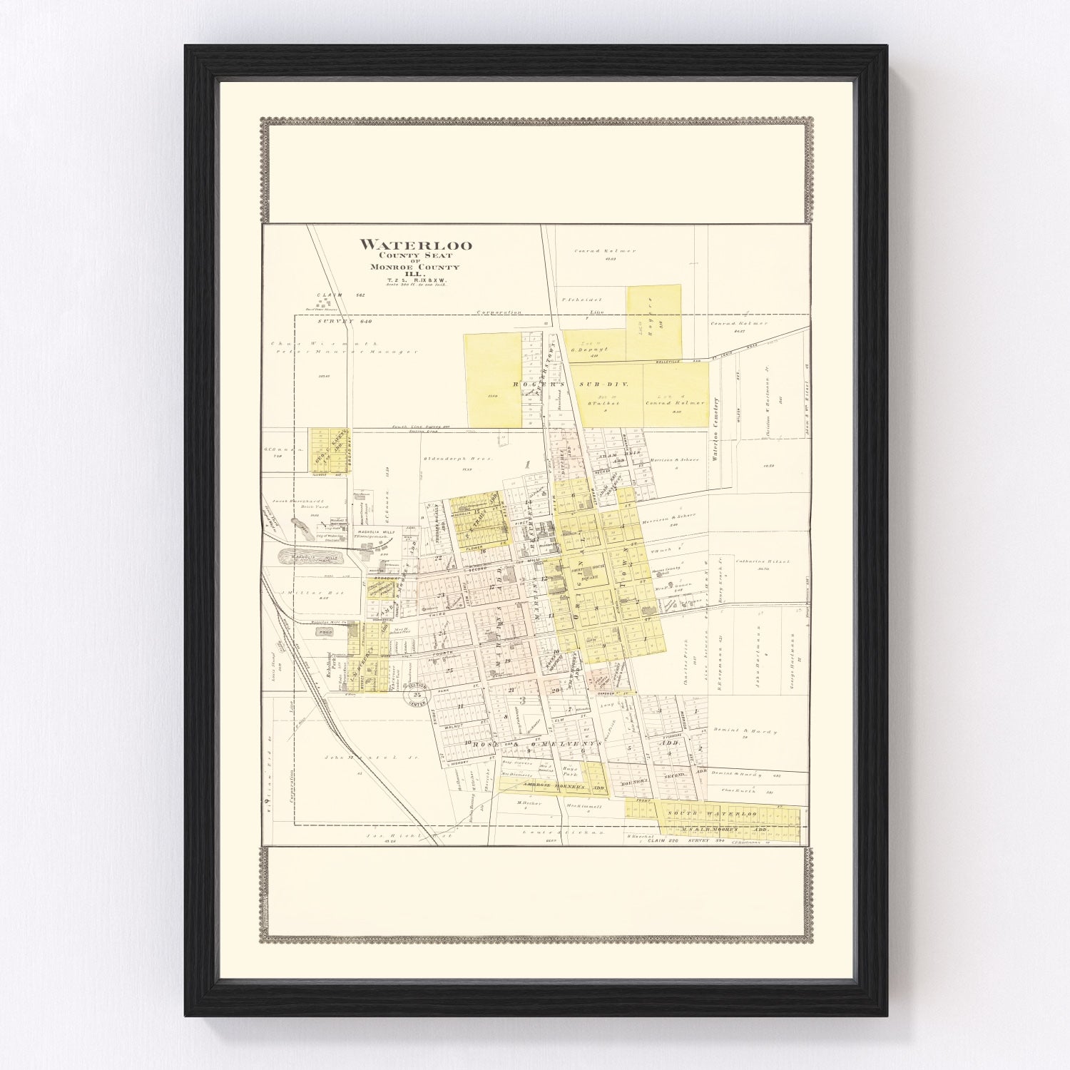 Vintage map of Waterloo, Illinois, 1901 - Monroe County Mississippi River restored print