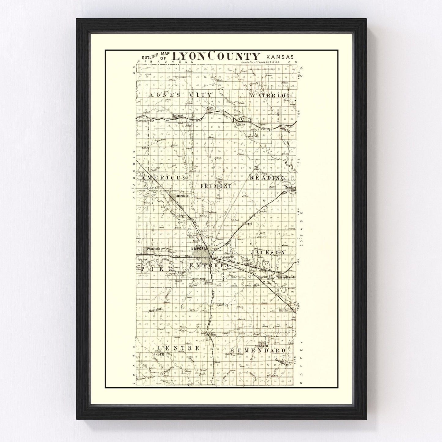 Vintage map of Lyon County, Kansas, 1901