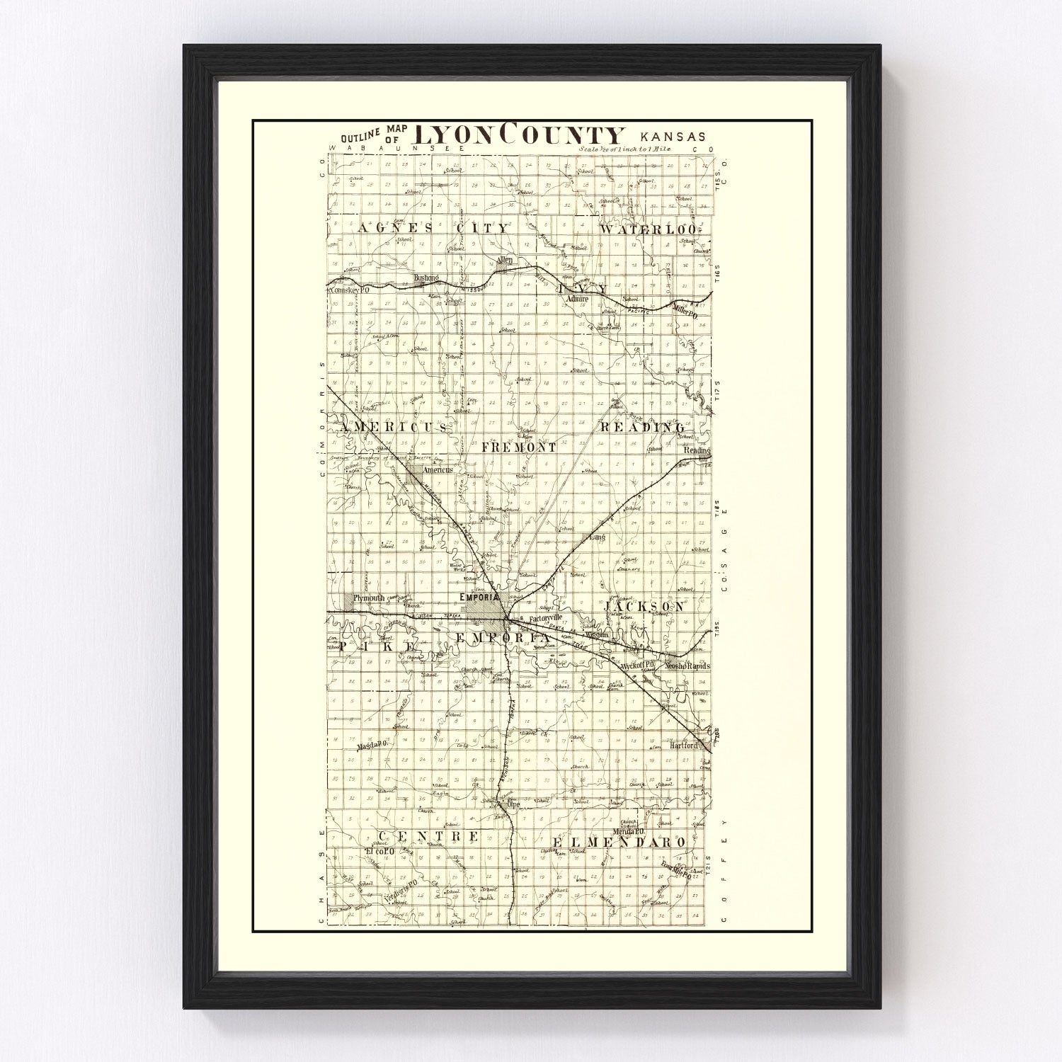 Vintage map of Lyon County, Kansas, 1901