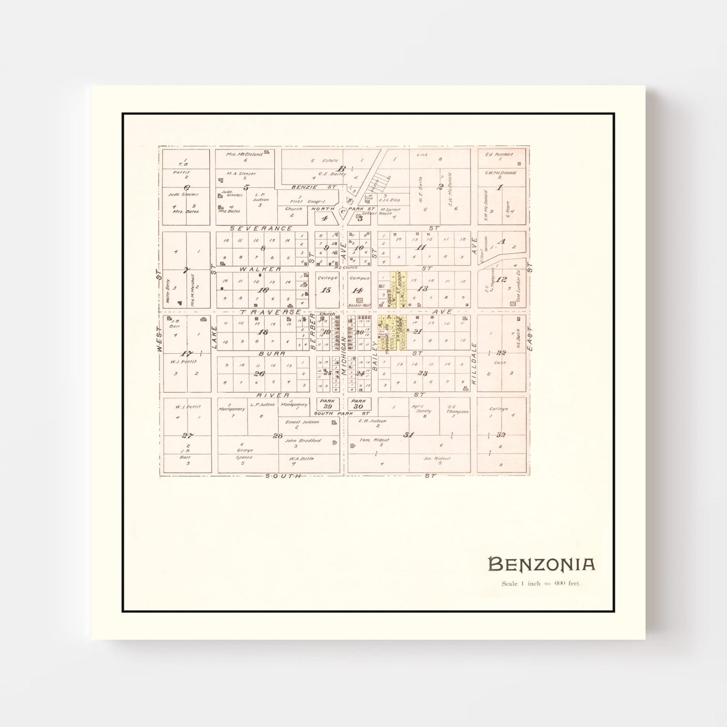 Vintage Map of Benzonia, Michigan, 1901