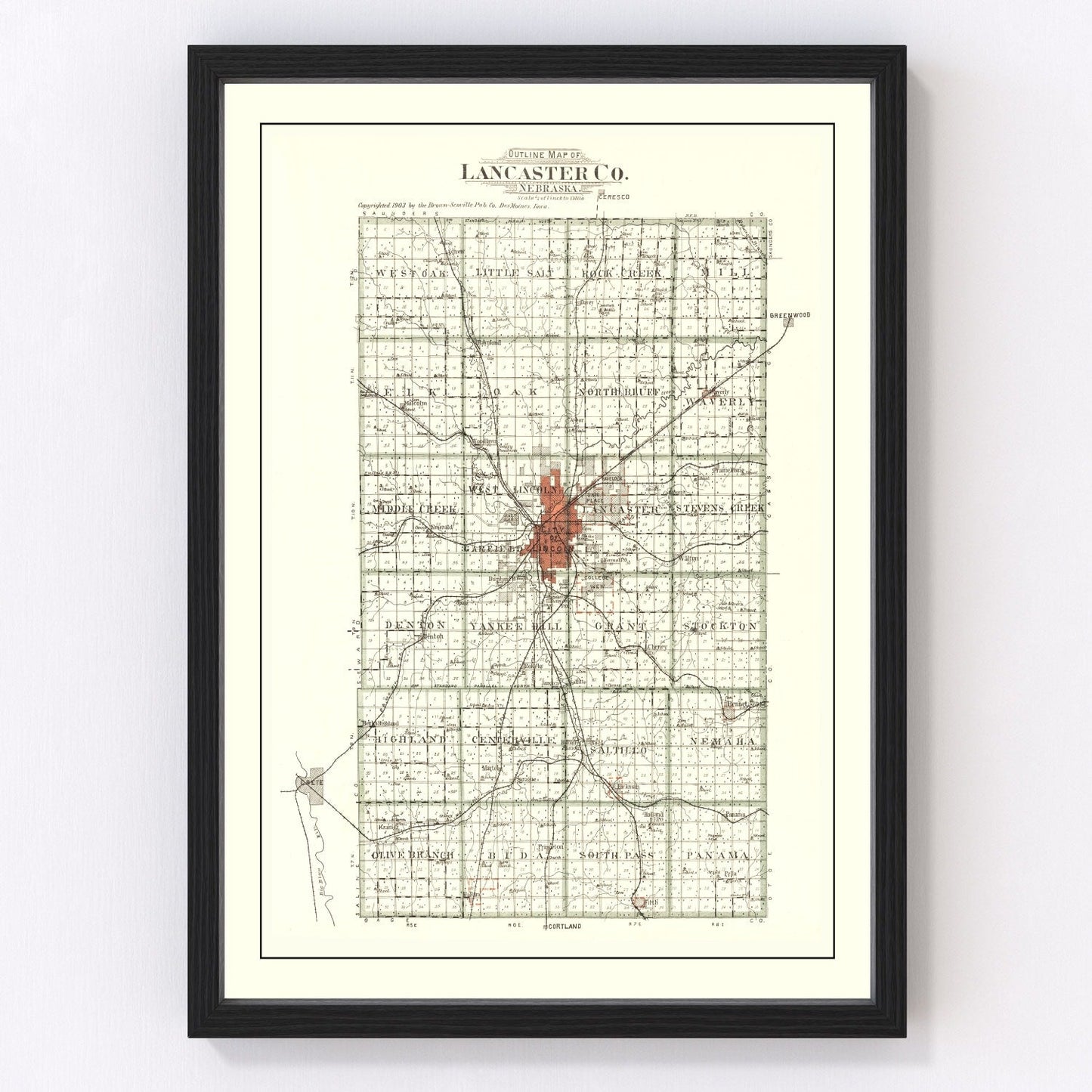 Vintage map of Lancaster County, Nebraska, 1903
