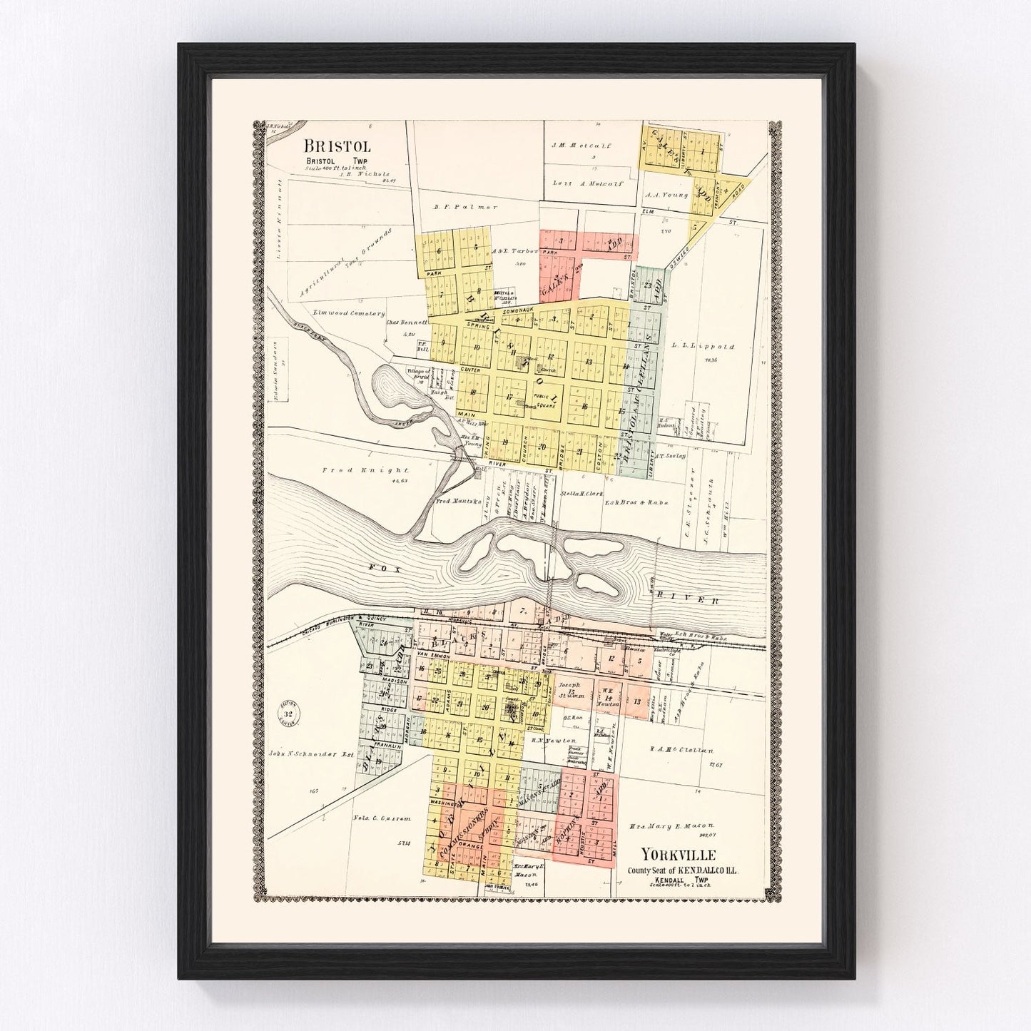 Vintage map of Bristol, Kendall County, Illinois, 1903, restored print