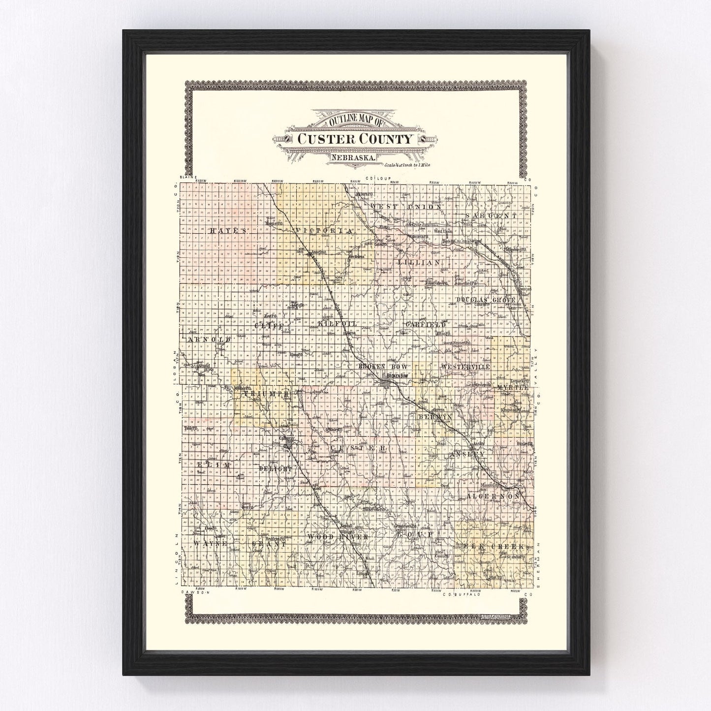 Vintage restored map of Custer County, Nebraska, 1904, sandhills homestead cartography